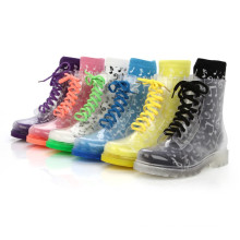 Chaud blanc en caoutchouc transparent cheville transparente Hightop lacets bottes de pluie plat B-817